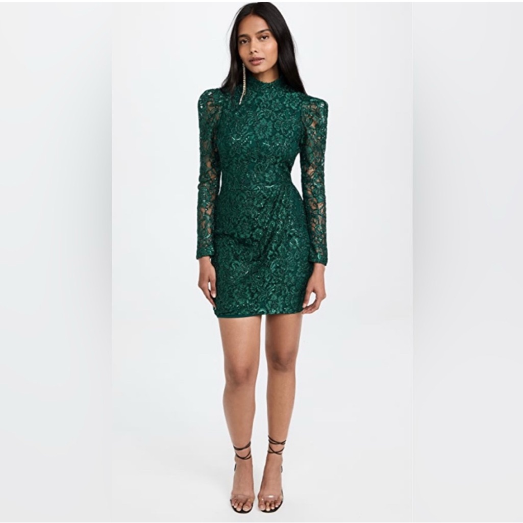 New! Black Halo Santorini Lace Sequin Long Sleeve Mini Dress Green Sz 12 $415